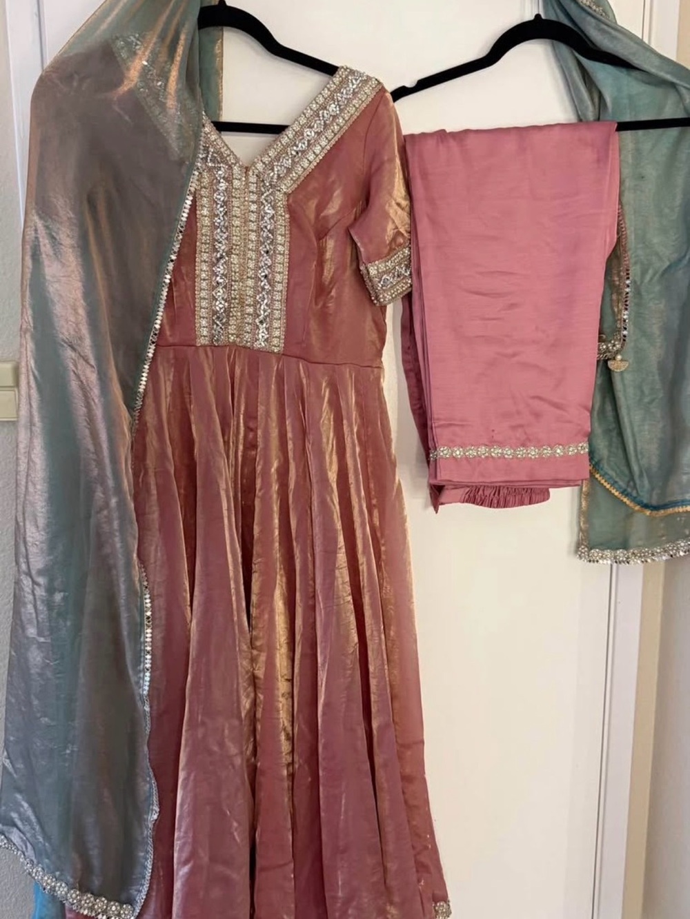 Girls Pink Embellished Anarkali Dress with Silver-Green Dupatta